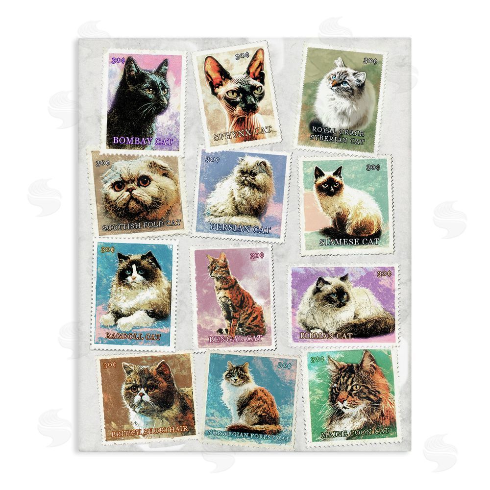 Ziwei Li Twelve Vintage Cat Breed Stamps Stretched Canvas Wall Art Print