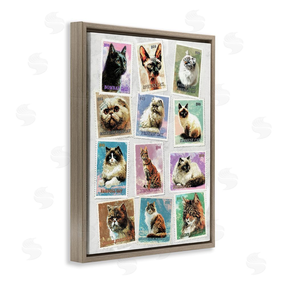 Ziwei Li Twelve Vintage Cat Breed Stamps Brown Floating Frame Canvas Wall Art Print