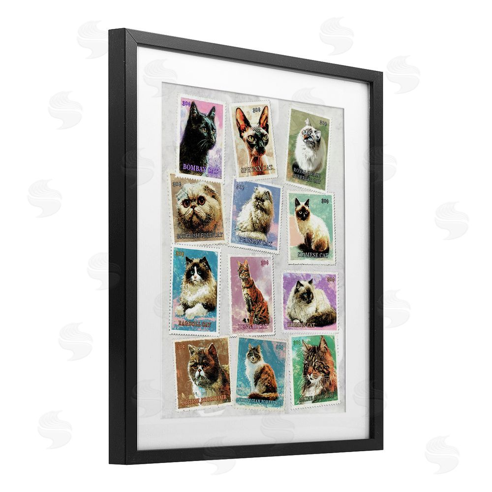 Ziwei Li Twelve Vintage Cat Breed Stamps Black Framed Print Under Glass Wall Art