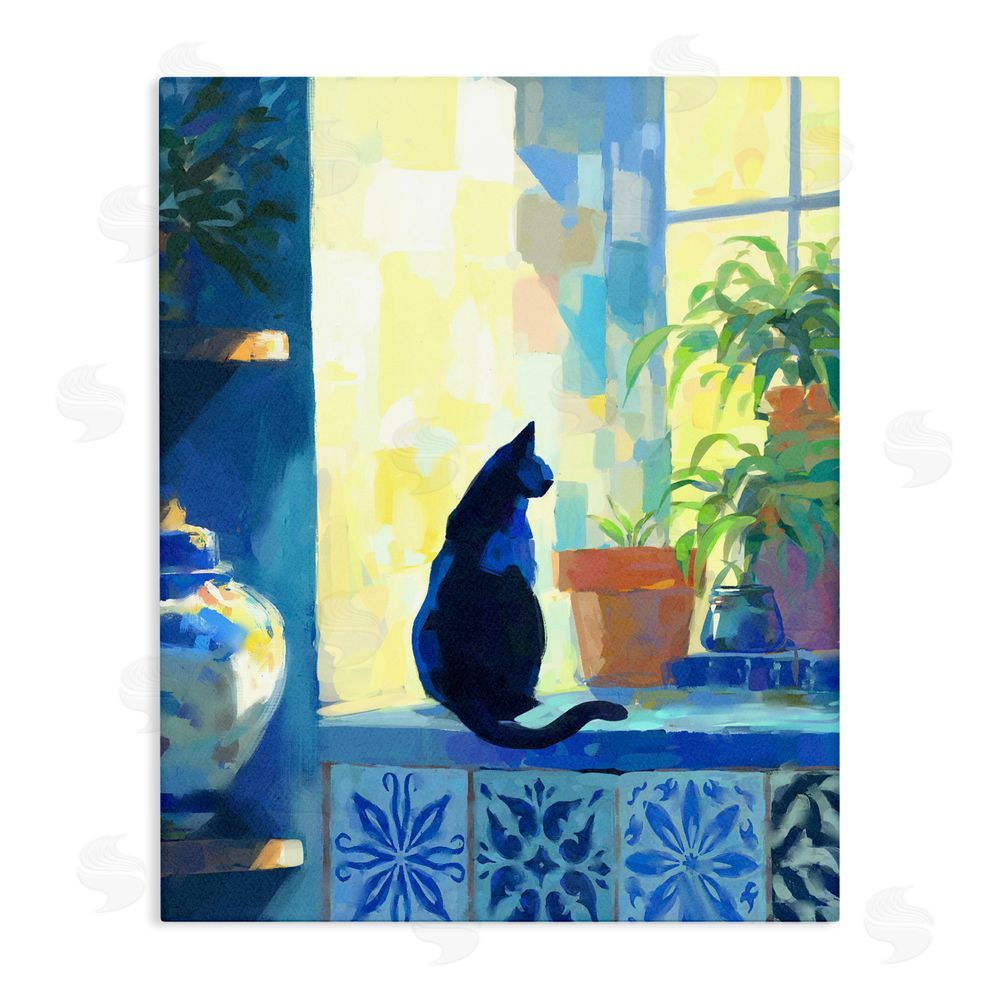Ziwei Li Sunlit Cat on Tiled Windowsill Stretched Canvas Wall Art Print