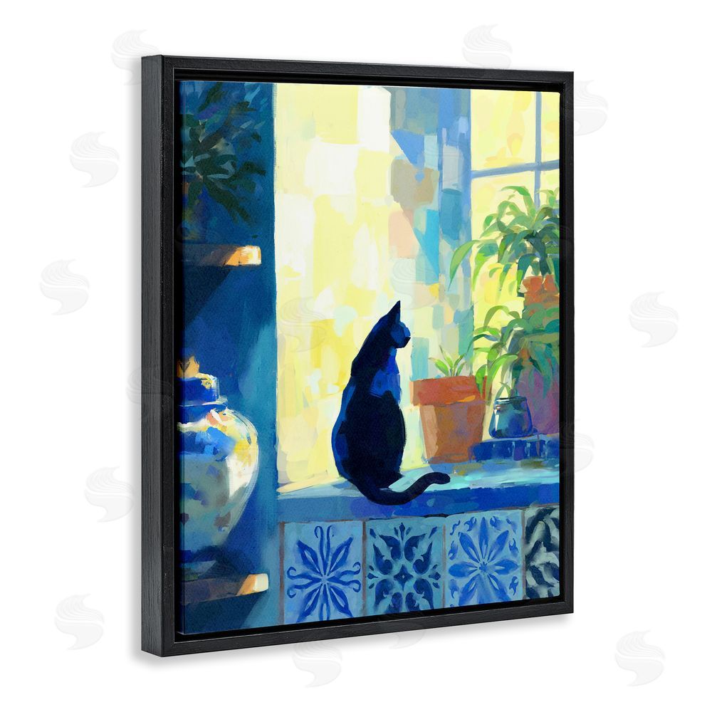 Ziwei Li Sunlit Cat on Tiled Windowsill Black Floating Frame Canvas Wall Art Print