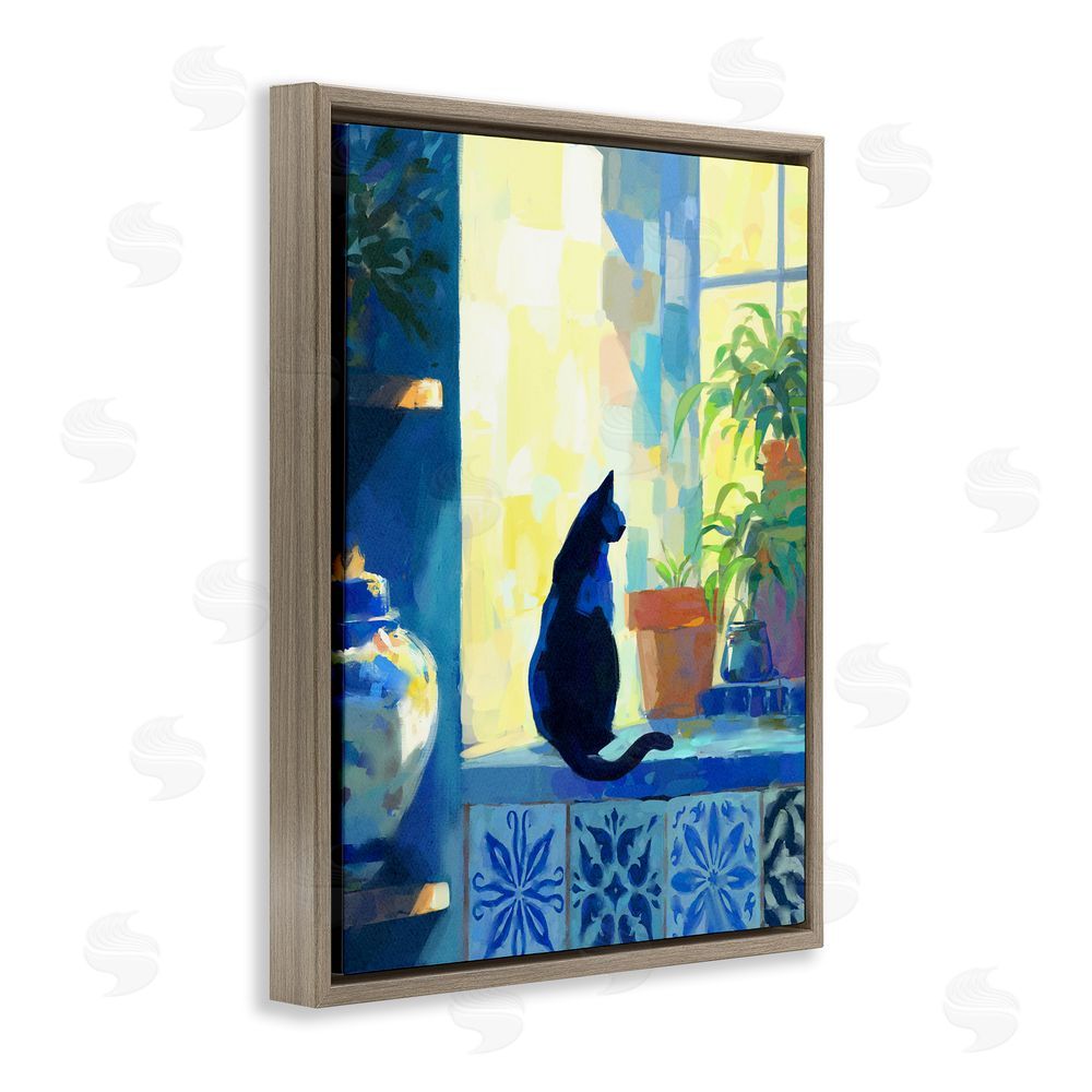 Ziwei Li Sunlit Cat on Tiled Windowsill Brown Floating Frame Canvas Wall Art Print