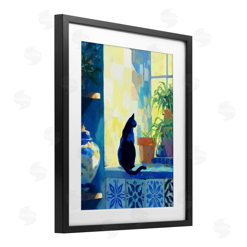 Ziwei Li Sunlit Cat on Tiled Windowsill Black Framed Print Under Glass Wall Art