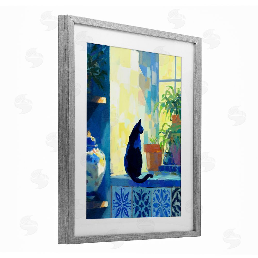 Ziwei Li Sunlit Cat on Tiled Windowsill Gray Framed Print Under Glass Wall Art