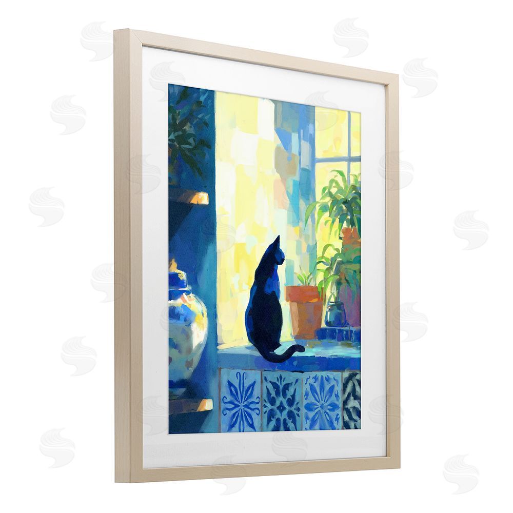 Ziwei Li Sunlit Cat on Tiled Windowsill Brown Framed Print Under Glass Wall Art