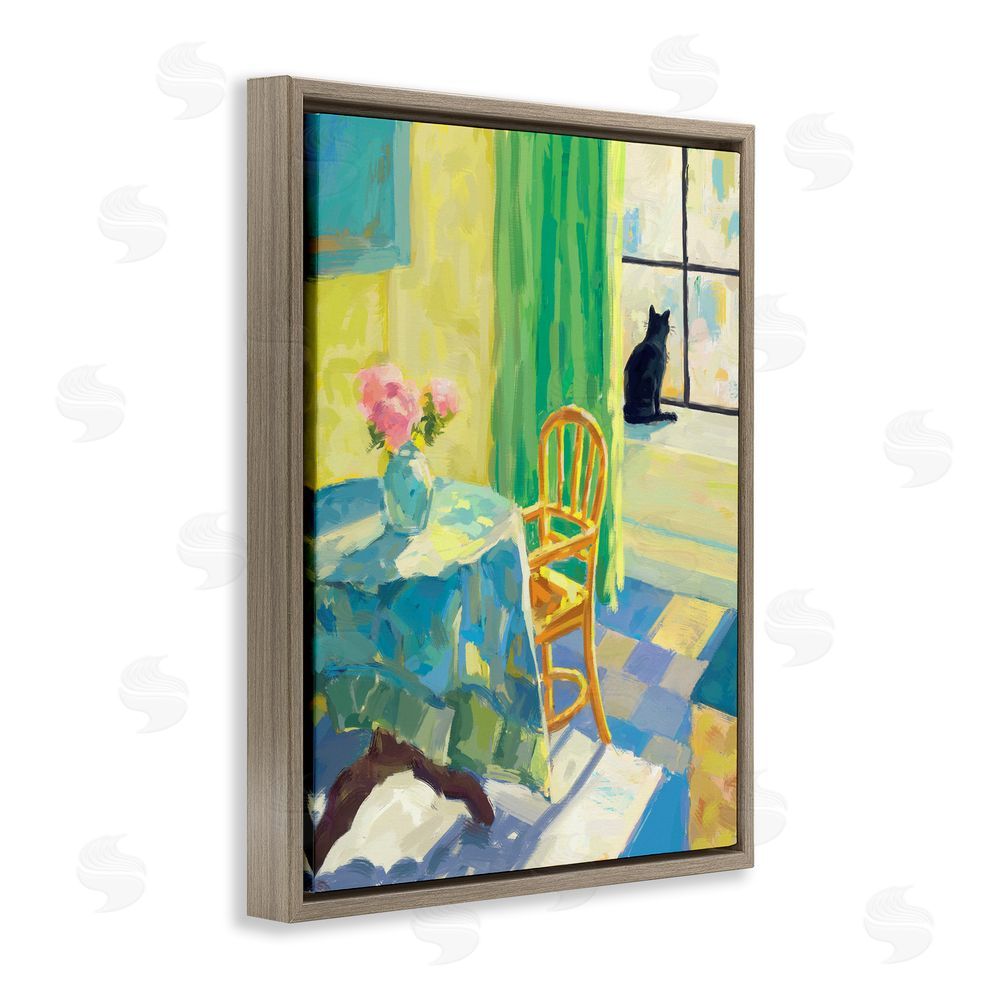Ziwei Li Cat in Sunny Window Brown Floating Frame Canvas Wall Art Print