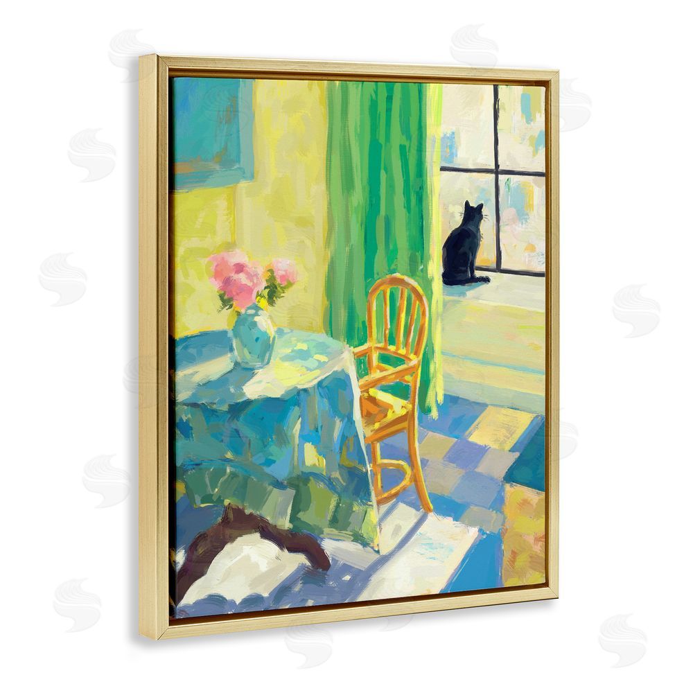 Ziwei Li Cat in Sunny Window Gold Floating Frame Canvas Wall Art Print