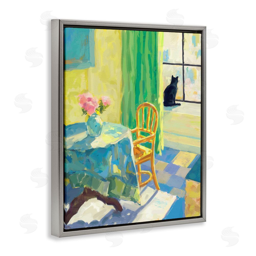 Ziwei Li Cat in Sunny Window Gray Floating Frame Canvas Wall Art Print