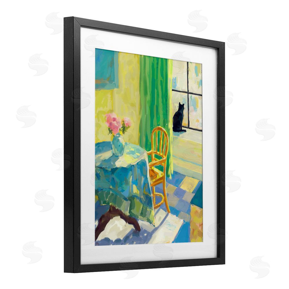 Ziwei Li Cat in Sunny Window Black Framed Print Under Glass Wall Art