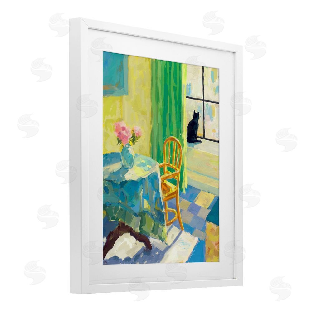 Ziwei Li Cat in Sunny Window White Framed Print Under Glass Wall Art