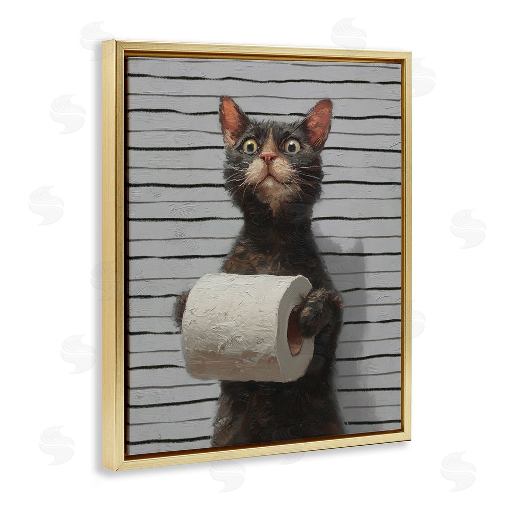 Ziwei Li Cat Portrait with Toilet Paper Gold Floating Frame Canvas Wall Art Print