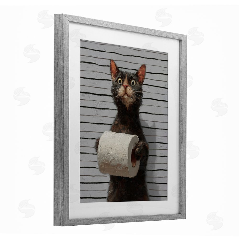 Ziwei Li Cat Portrait with Toilet Paper Gray Framed Print Under Glass Wall Art