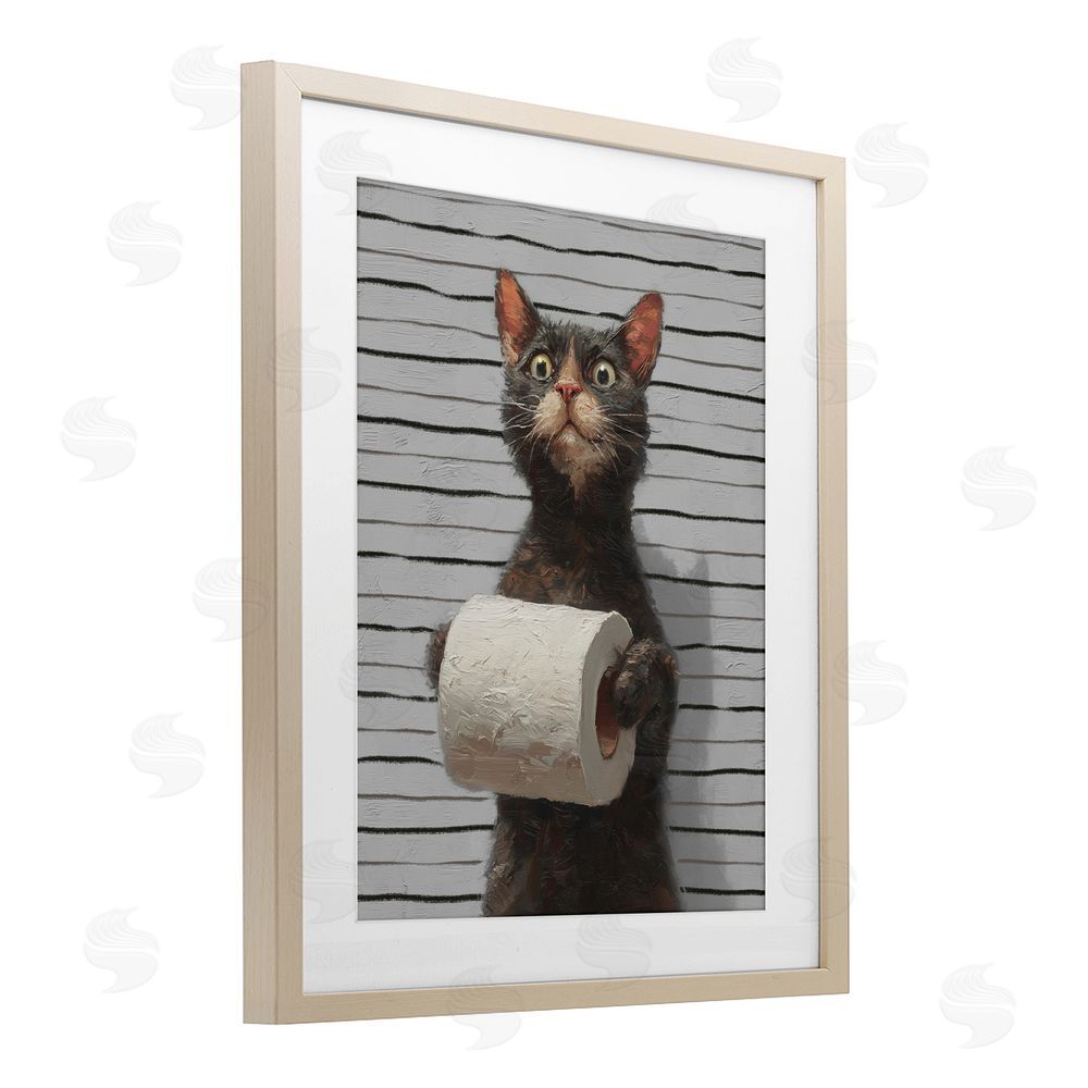 Ziwei Li Cat Portrait with Toilet Paper Brown Framed Print Under Glass Wall Art