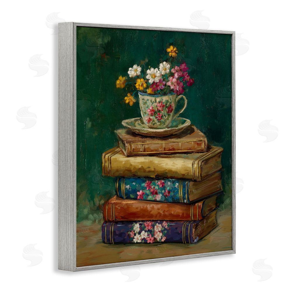 Ziwei Li Antique Books with Teacup Gray Framed Giclee Wall Art Print