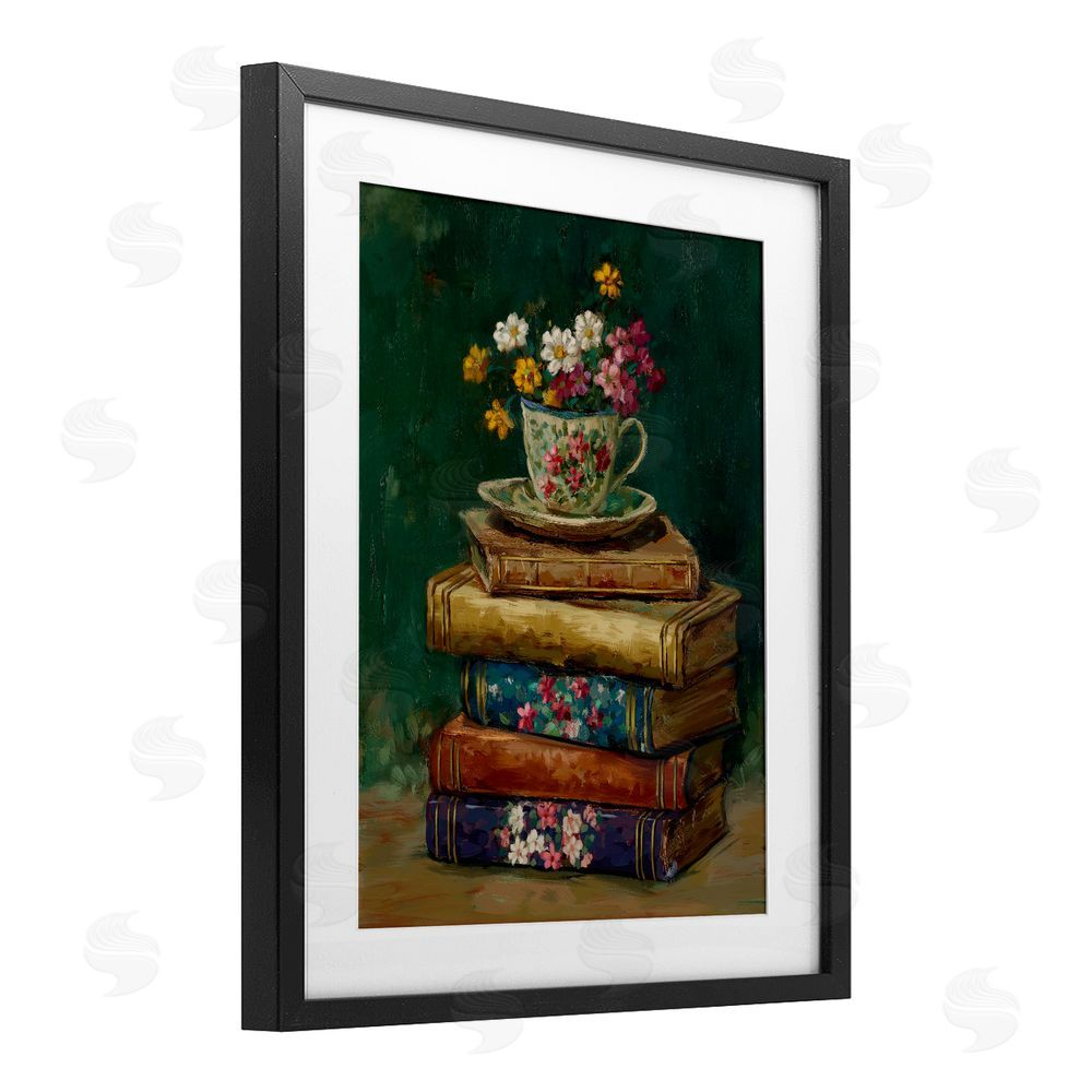 Ziwei Li Antique Books with Teacup Black Framed Print Under Glass Wall Art