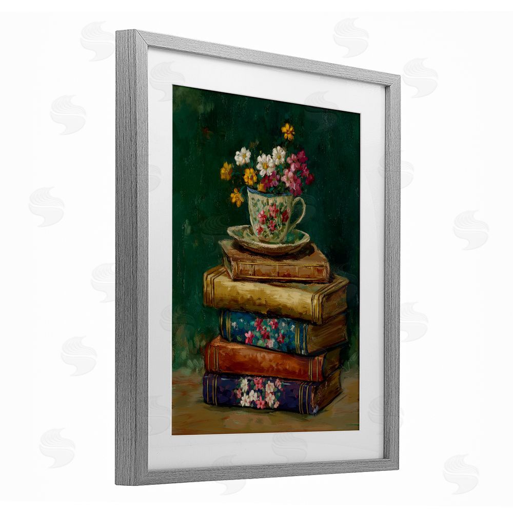 Ziwei Li Antique Books with Teacup Gray Framed Print Under Glass Wall Art
