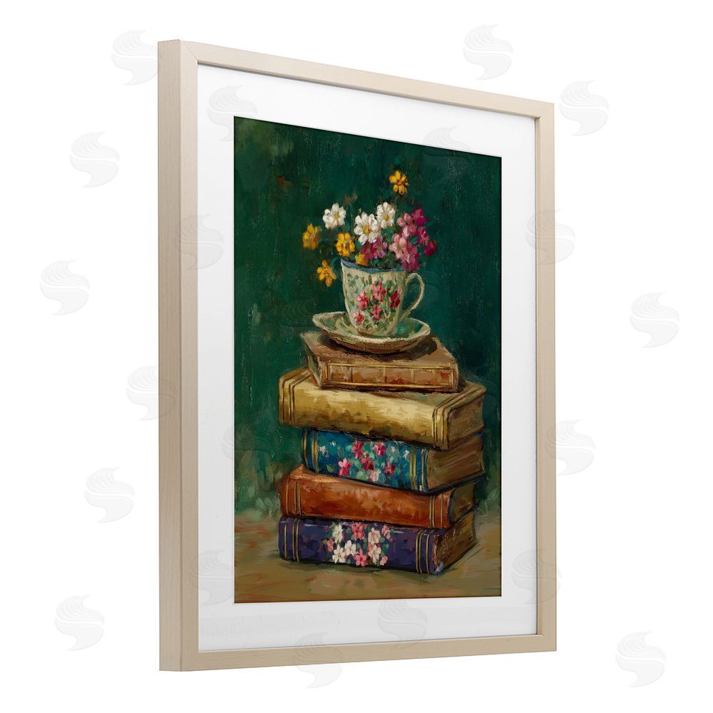 Ziwei Li Antique Books with Teacup Brown Framed Print Under Glass Wall Art