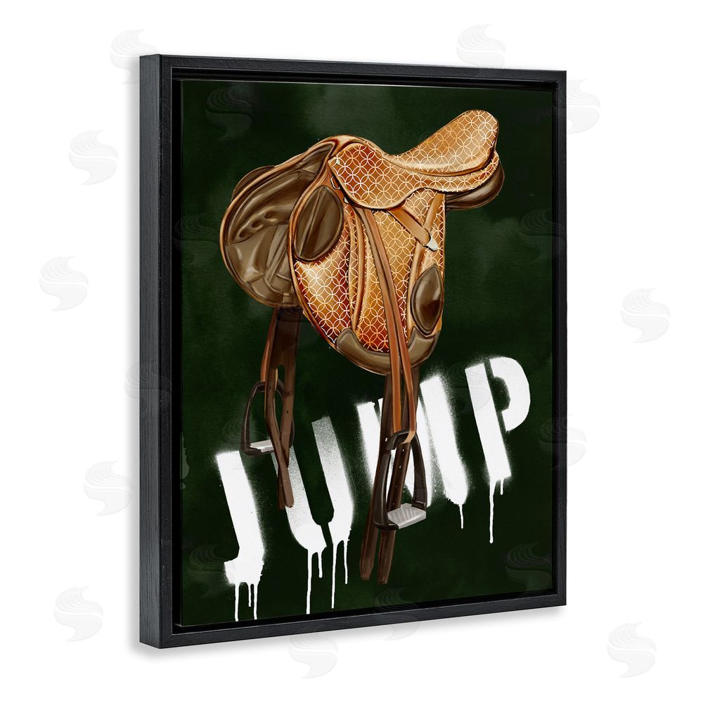 Ziwei Li Leather Saddle with Jump Spraypaint Black Floating Frame Canvas Wall Art Print
