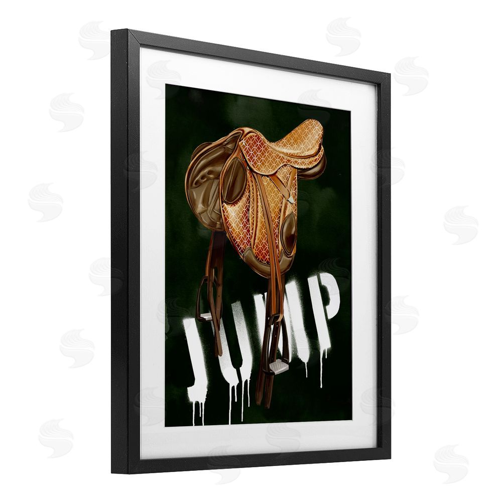 Ziwei Li Leather Saddle with Jump Spraypaint Black Framed Print Under Glass Wall Art