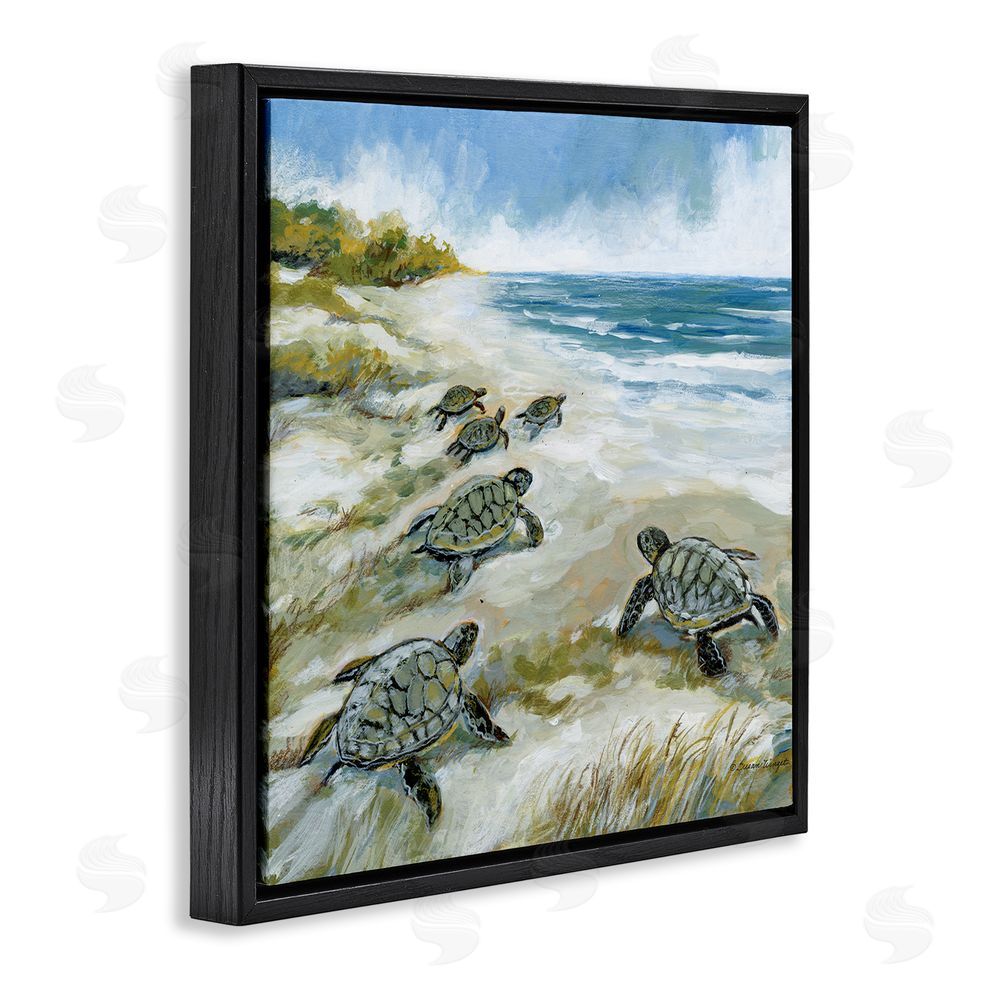 Susan Winget Baby Sea Turtles on Beach Black Floating Frame Canvas Wall Art Print