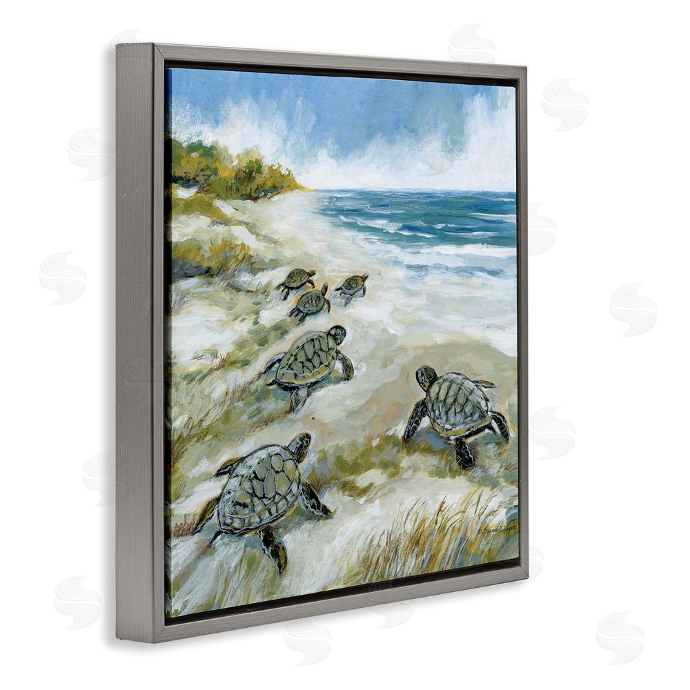 Susan Winget Baby Sea Turtles on Beach Gray Floating Frame Canvas Wall Art Print