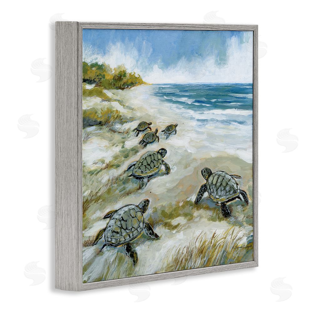 Susan Winget Baby Sea Turtles on Beach Gray Framed Giclee Wall Art Print