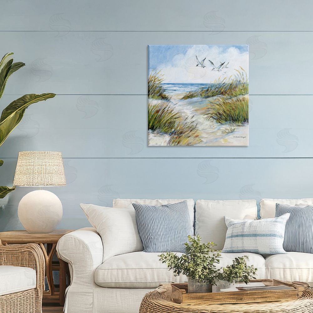 Susan Winget Beach Path Seagulls Overhead Stretched Canvas Wall Art in Room