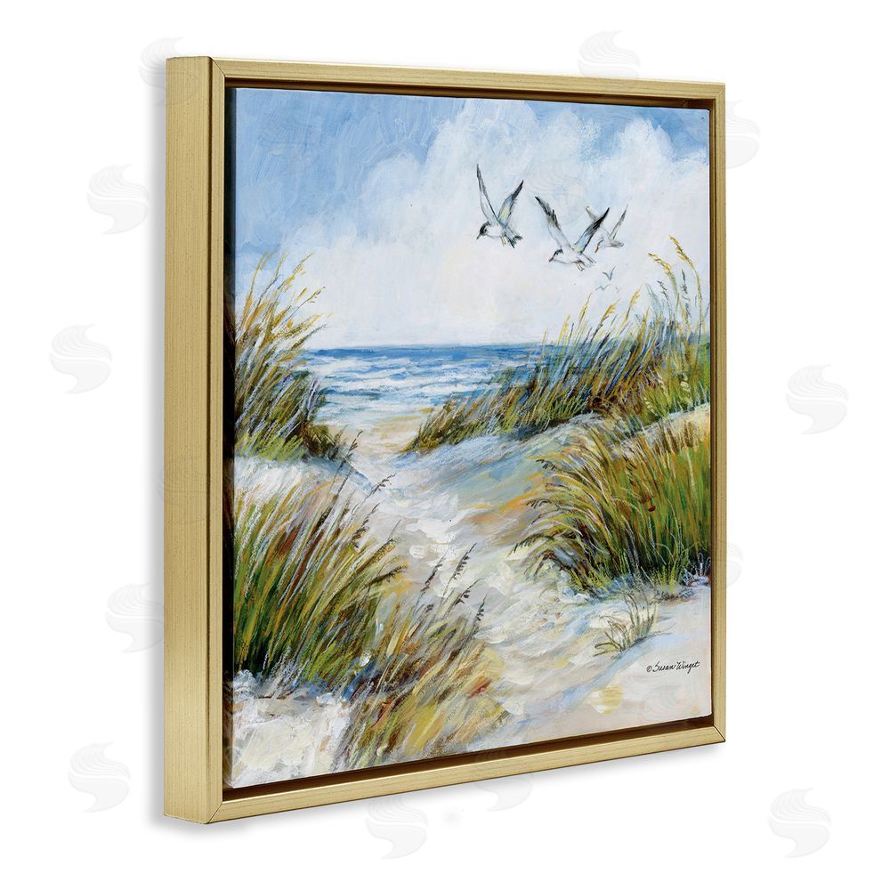 Susan Winget Beach Path Seagulls Overhead Gold Floating Frame Canvas Wall Art Print