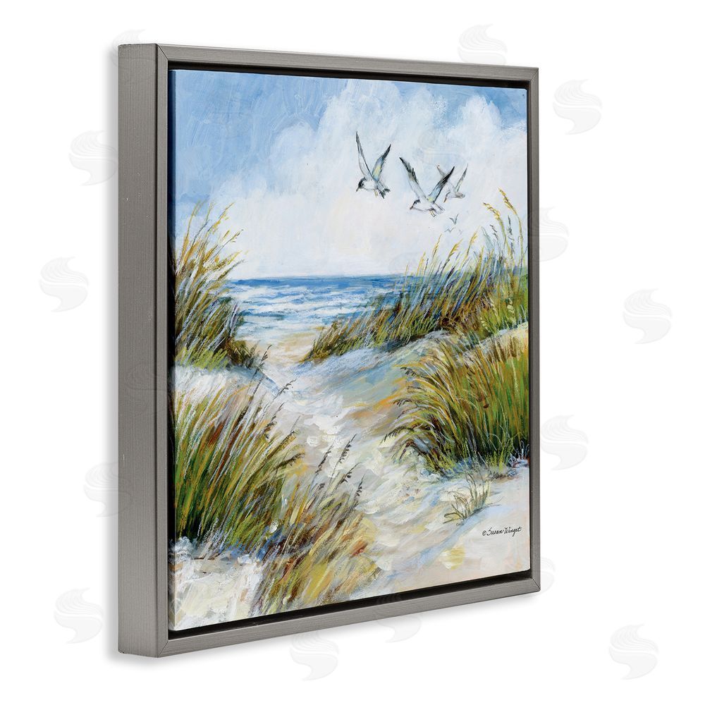 Susan Winget Beach Path Seagulls Overhead Gray Floating Frame Canvas Wall Art Print