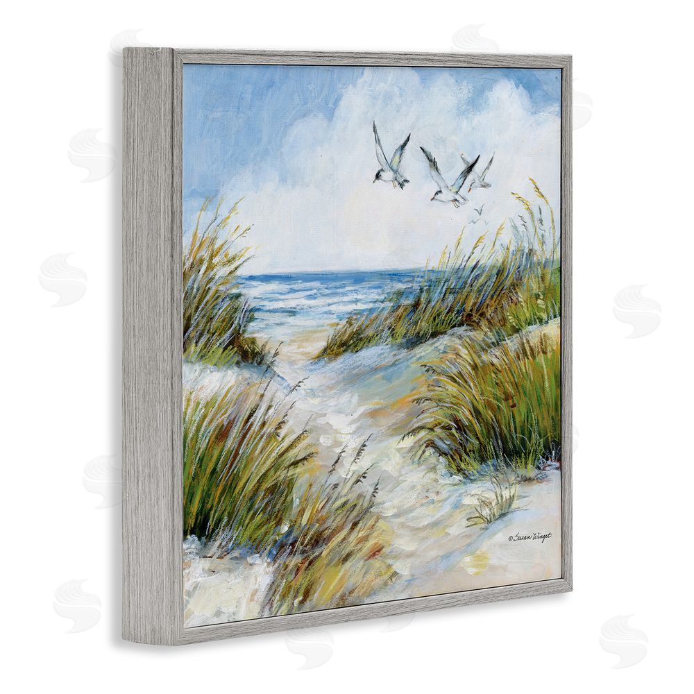 Susan Winget Beach Path Seagulls Overhead Gray Framed Giclee Wall Art Print