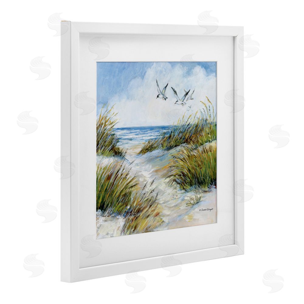 Susan Winget Beach Path Seagulls Overhead White Framed Print Under Glass Wall Art