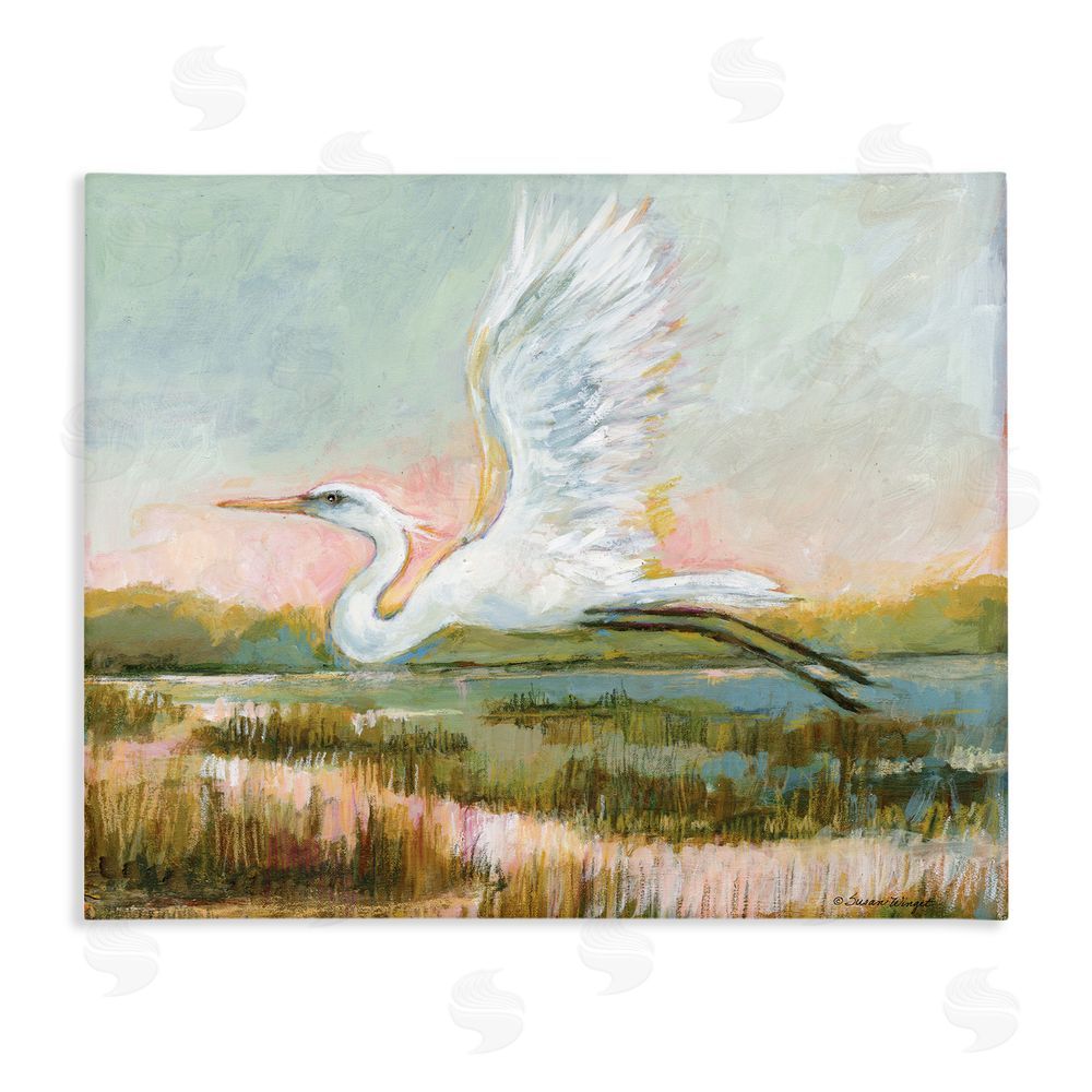 Susan Winget White Heron Flying Stretched Canvas Wall Art Print