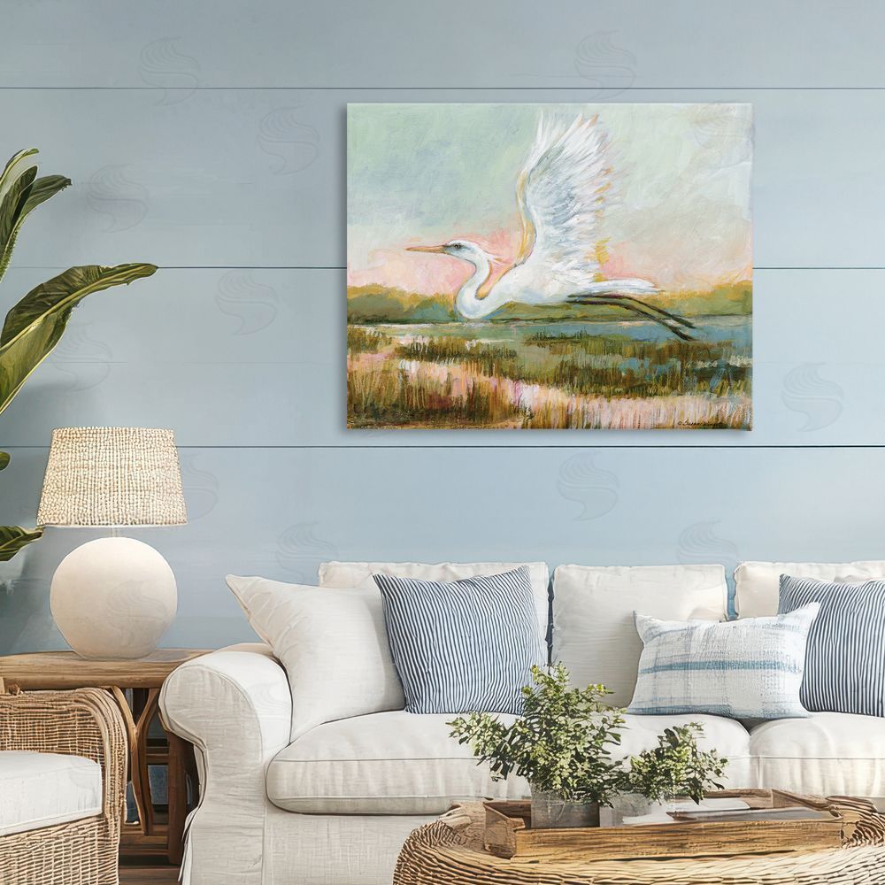 Susan Winget White Heron Flying Stretched Canvas Wall Art in Room