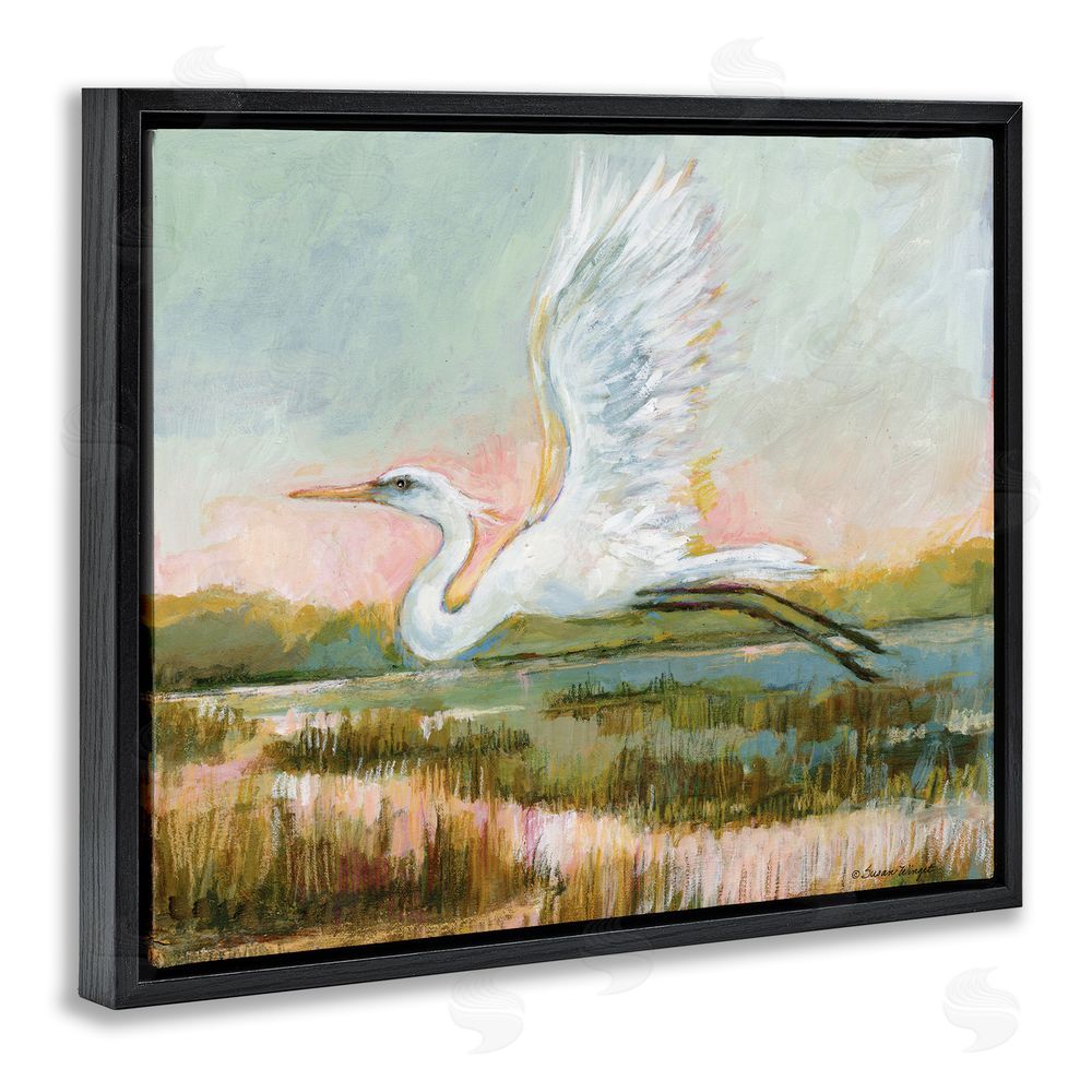 Susan Winget White Heron Flying Black Floating Frame Canvas Wall Art Print
