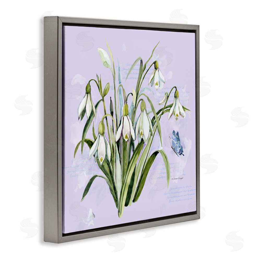 Susan Winget Snowdrops with Vintage Writings Gray Floating Frame Canvas Wall Art Print