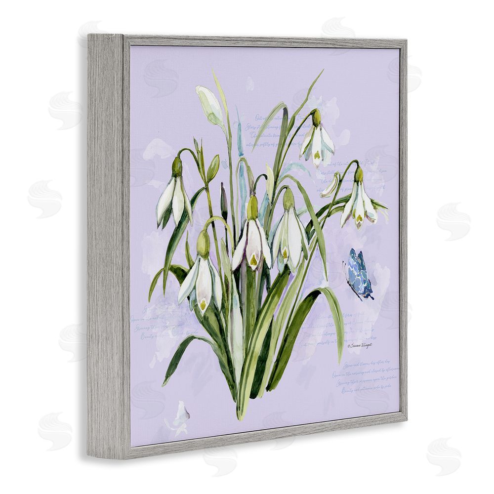 Susan Winget Snowdrops with Vintage Writings Gray Framed Giclee Wall Art Print