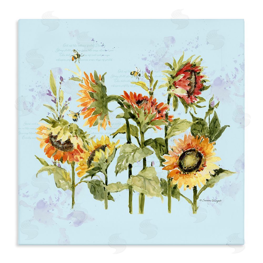 Susan Winget Sunflowers & Bee on Blue Stretched Canvas Wall Art Print