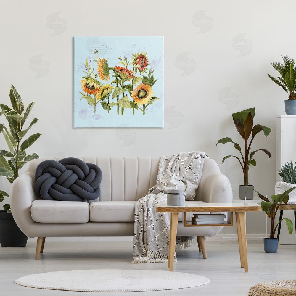 Susan Winget Sunflowers & Bee on Blue Stretched Canvas Wall Art in Room