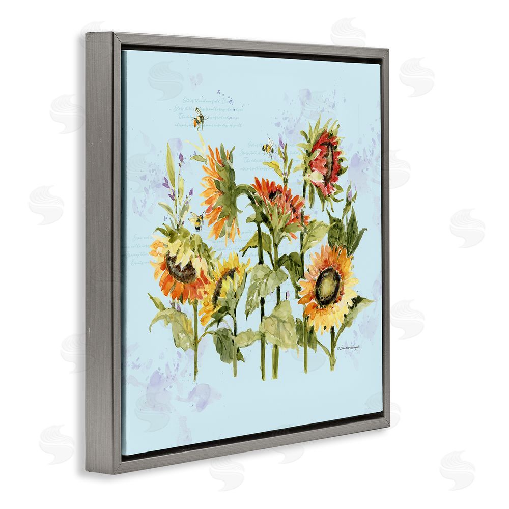 Susan Winget Sunflowers & Bee on Blue Gray Floating Frame Canvas Wall Art Print