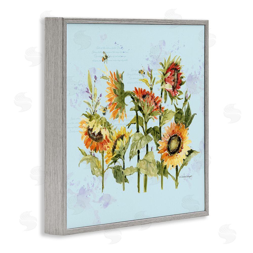 Susan Winget Sunflowers & Bee on Blue Gray Framed Giclee Wall Art Print
