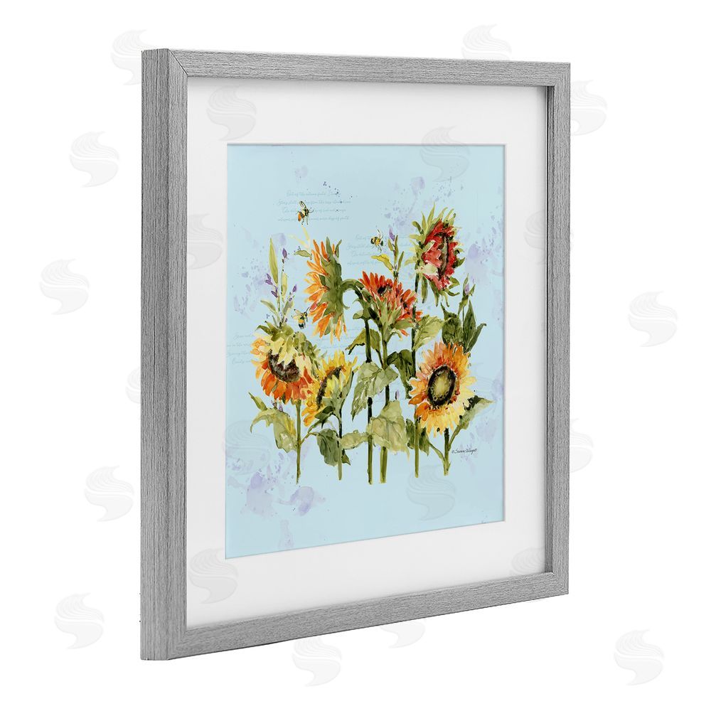 Susan Winget Sunflowers & Bee on Blue Gray Framed Print Under Glass Wall Art