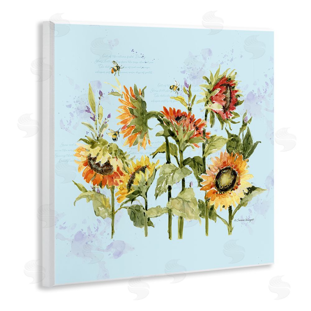 Susan Winget Sunflowers & Bee on Blue Wooden Wall Plaque Art Print