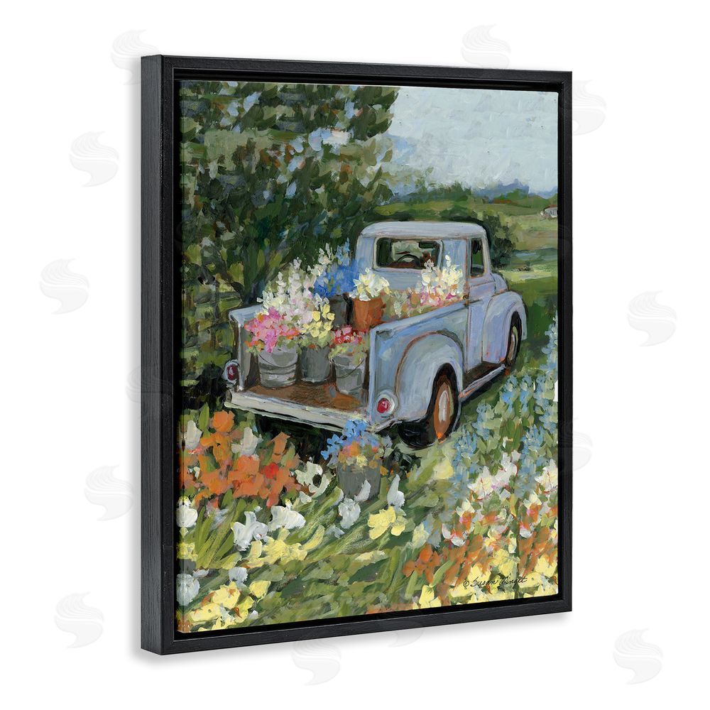 Susan Winget Truckin' Field with Flowers Black Floating Frame Canvas Wall Art Print