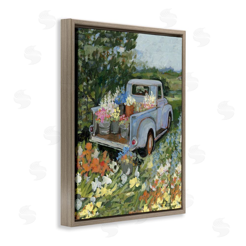 Susan Winget Truckin' Field with Flowers Brown Floating Frame Canvas Wall Art Print