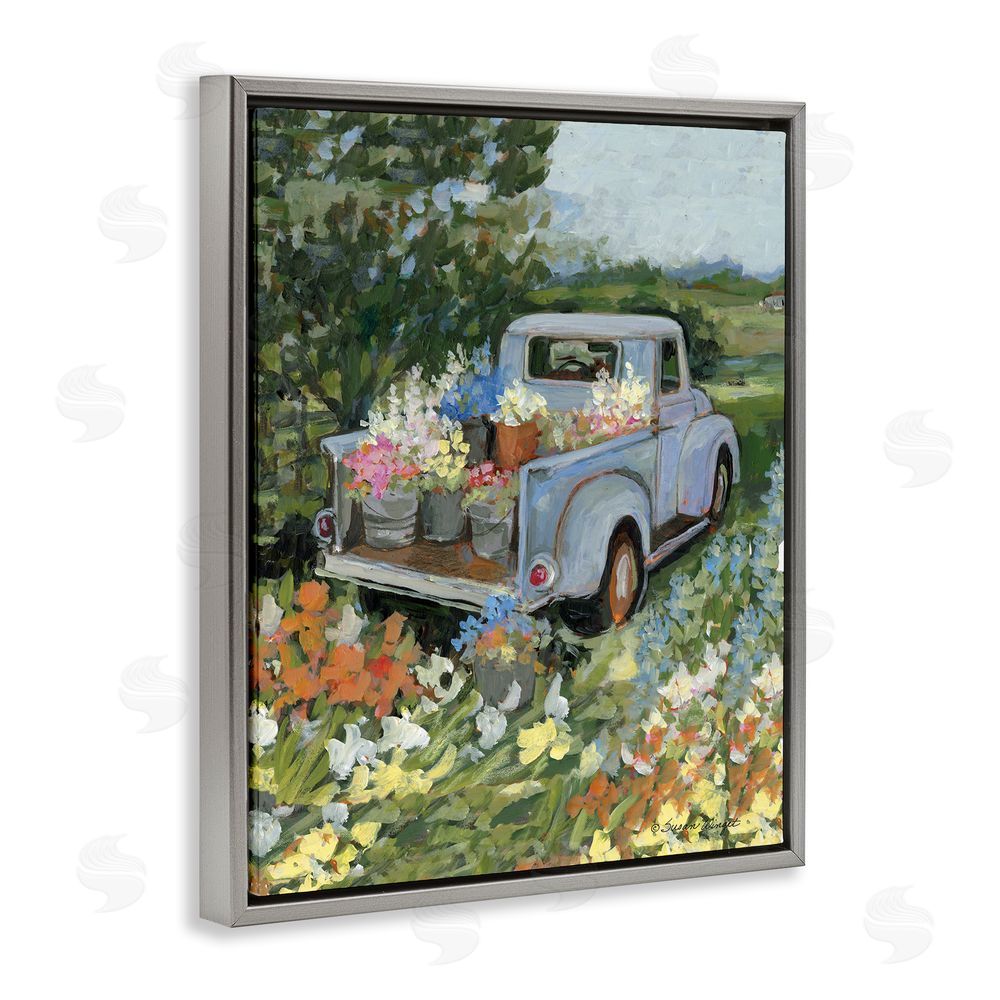 Susan Winget Truckin' Field with Flowers Gray Floating Frame Canvas Wall Art Print