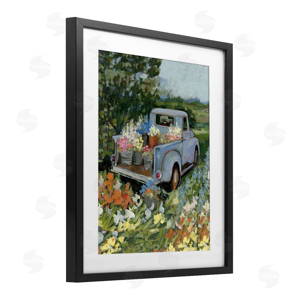 Susan Winget Truckin' Field with Flowers Black Framed Print Under Glass Wall Art