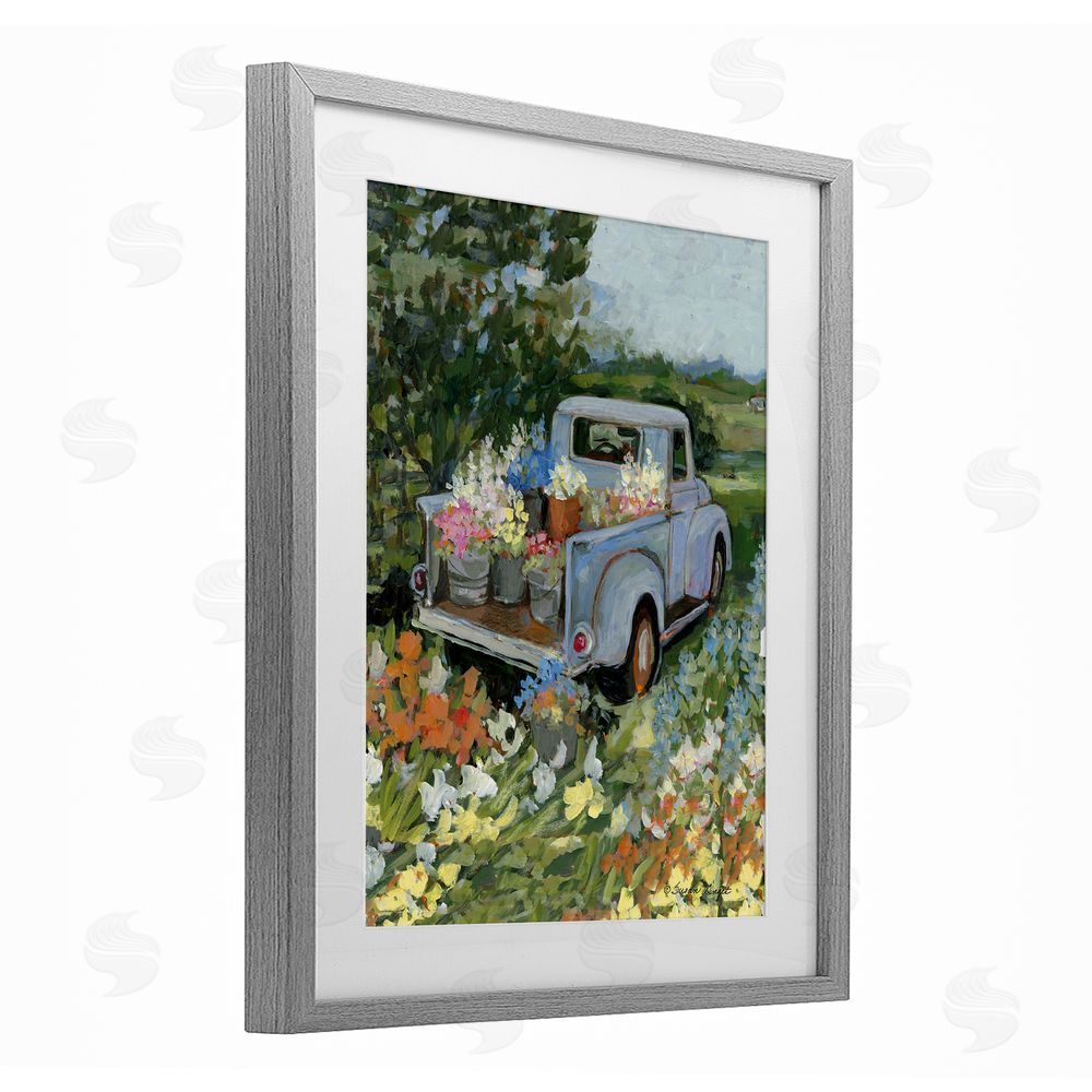 Susan Winget Truckin' Field with Flowers Gray Framed Print Under Glass Wall Art