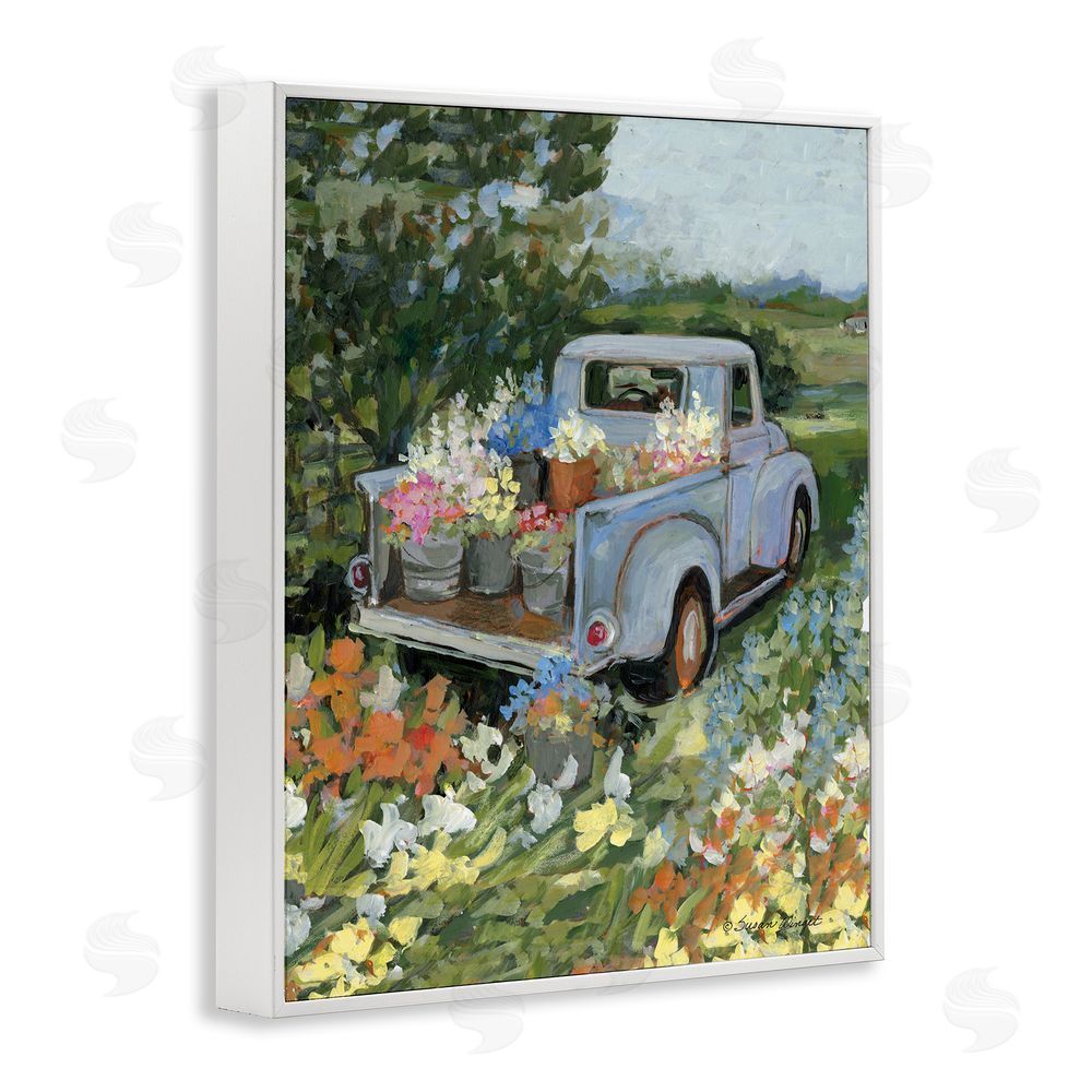 Susan Winget Truckin' Field with Flowers White Framed Giclee Wall Art Print