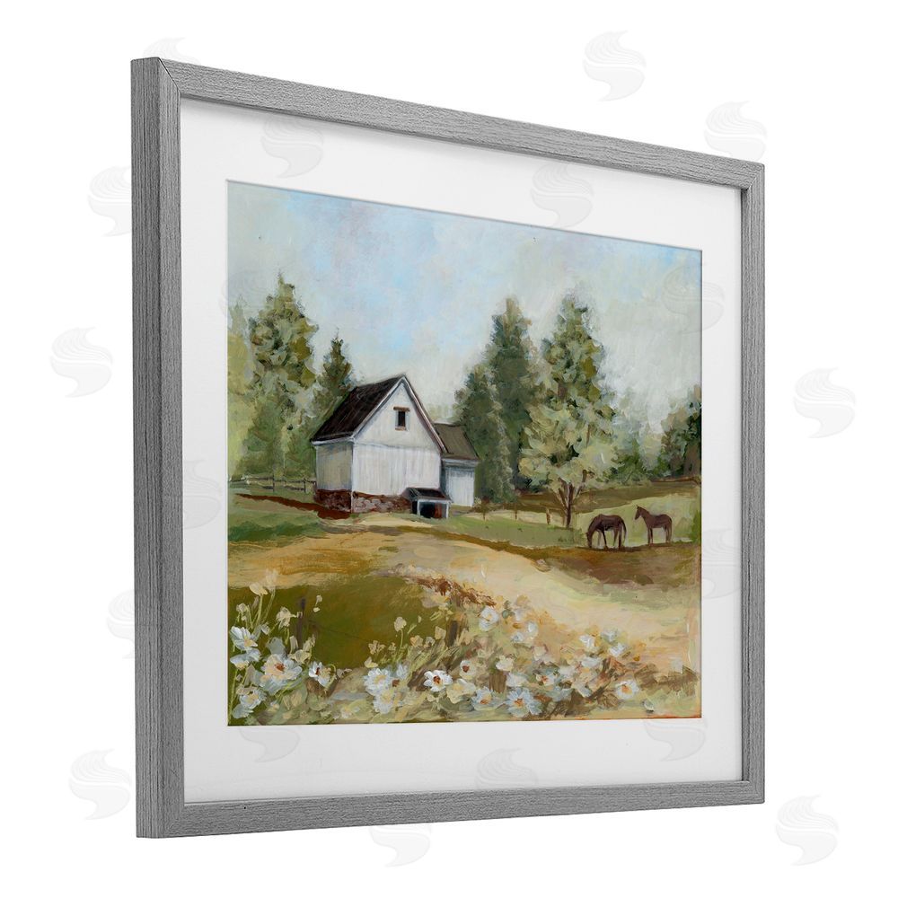 Susan Winget Barn Field Landscape Gray Framed Print Under Glass with Matting Wall Art