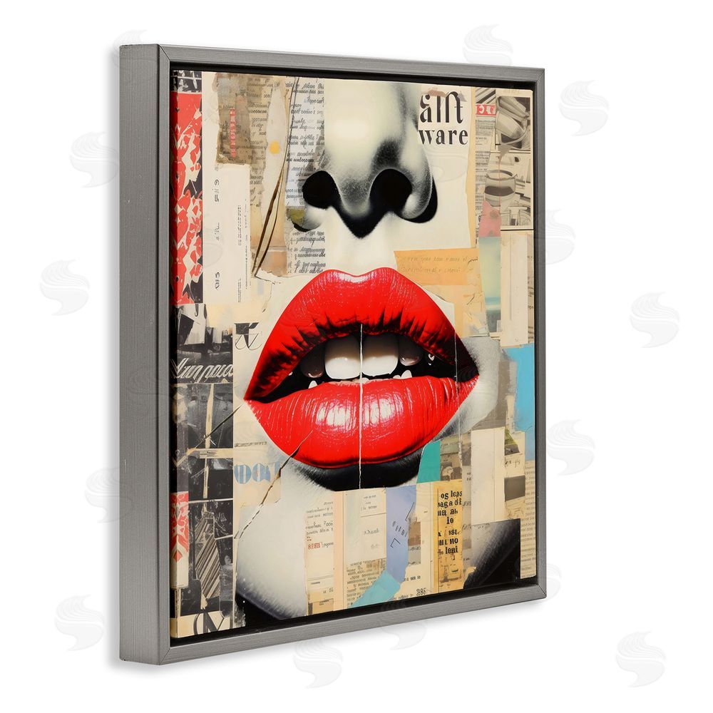 Creative Studio Fashion Collage with Scarlet Lips Gray Floating Framed Canvas Wall Art